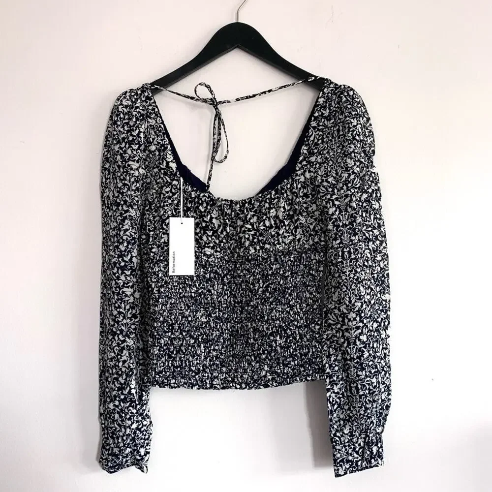 REFORMATION Floral Long Sleeve Smocked Top